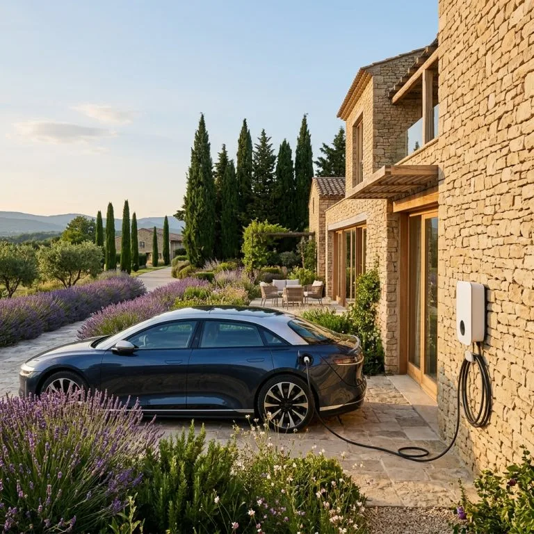 Voiture electrique en recharge devant une villa provencale ensoleillee en region PACA
