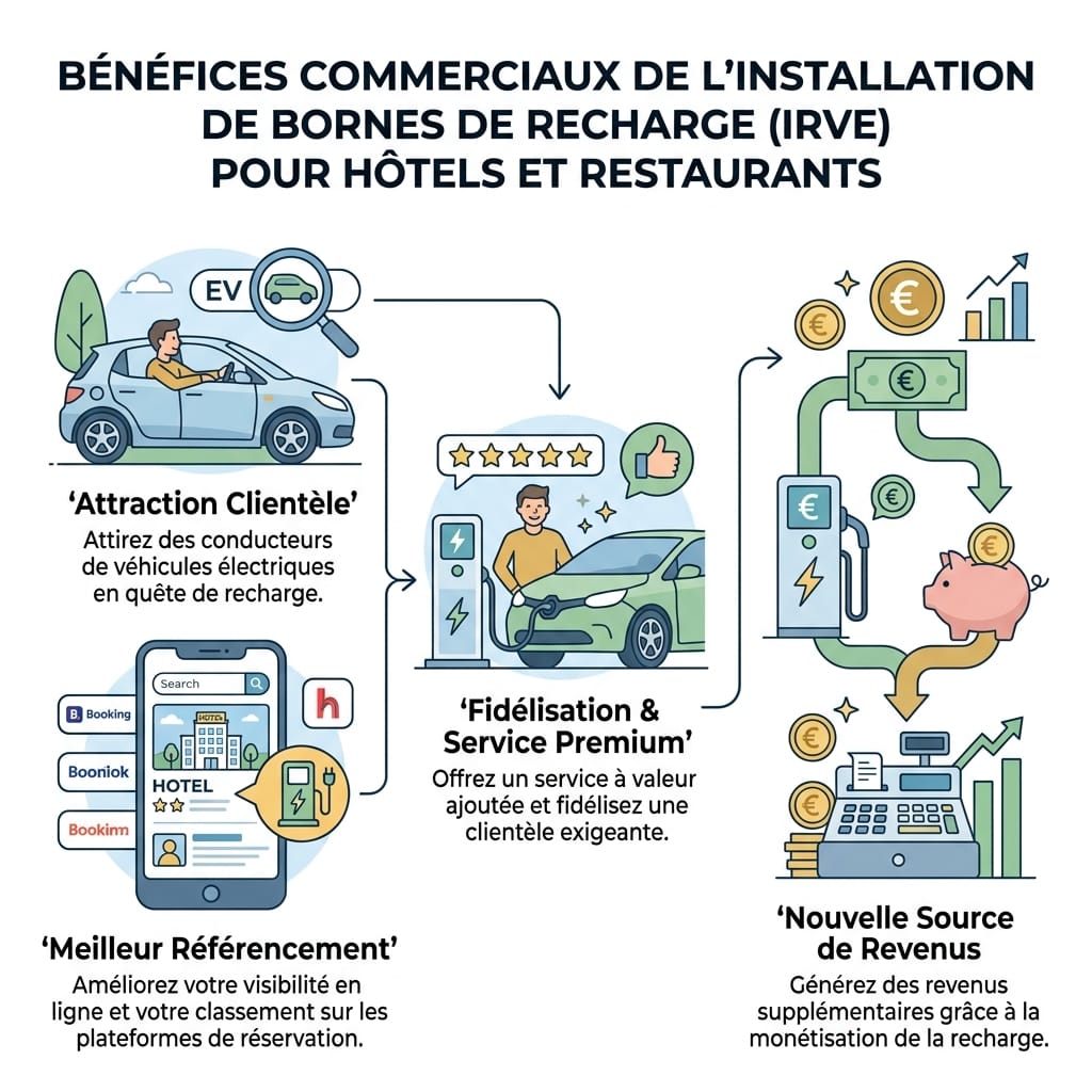 Schéma des bénéfices commerciaux de l'installation de bornes de recharge pour hôtels et restaurants