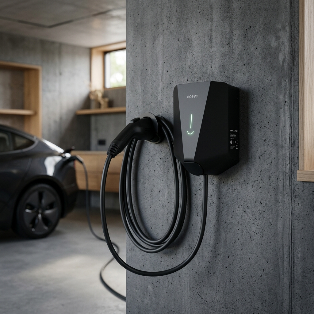 Borne de recharge compacte Easee Charge 2026 fixée sur mur en béton