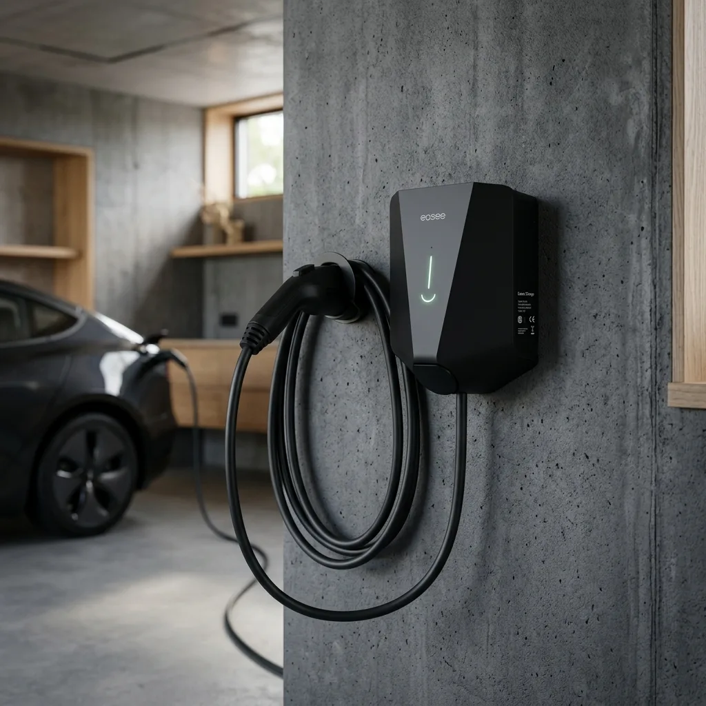 Borne de recharge compacte Easee Charge 2026 fixée sur mur en béton