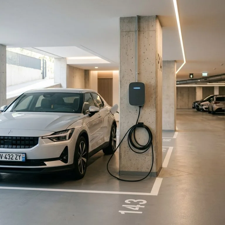 Borne de recharge IRVE installée dans le parking souterrain d'une copropriété à Marseille