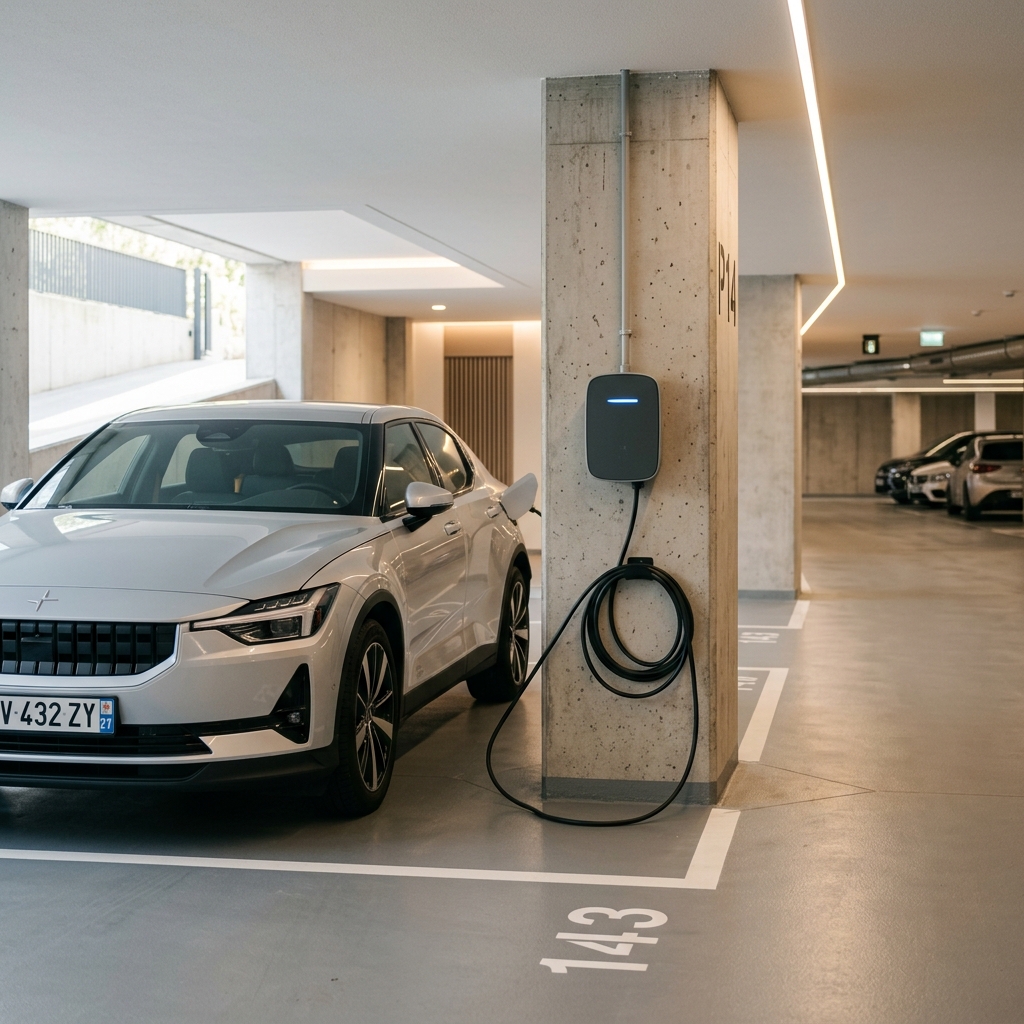 Borne de recharge IRVE installée dans le parking souterrain d'une copropriété à Marseille