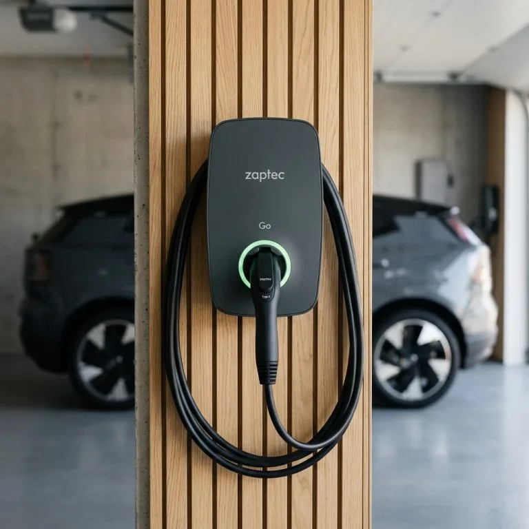 Borne de recharge Zaptec Go 2026 de conception norvégienne installée en garage résidentiel