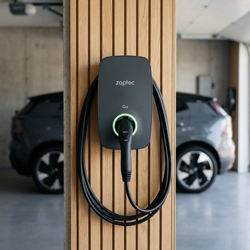 Borne de recharge Zaptec Go 2026 de conception norvégienne installée en garage résidentiel