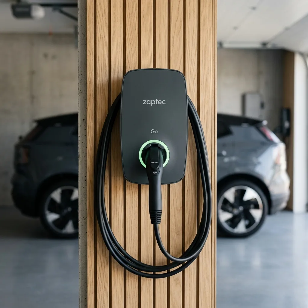 Borne de recharge Zaptec Go 2026 de conception norvégienne installée en garage résidentiel