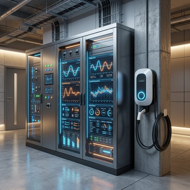 Tableau electrique TGBT moderne avec ecrans digitaux de controle de puissance et de charge