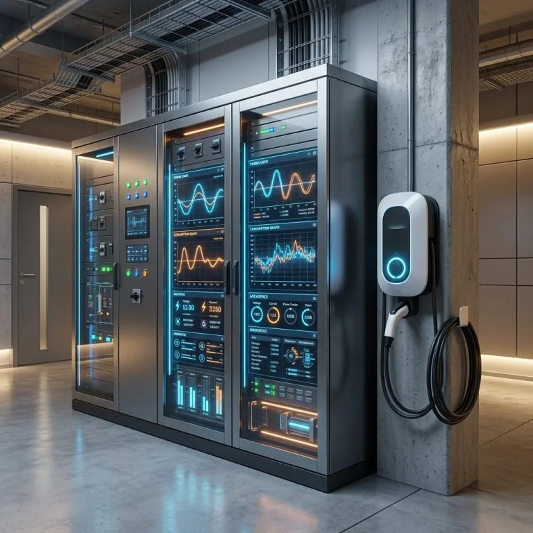 Tableau electrique TGBT moderne avec ecrans digitaux de controle de puissance et de charge