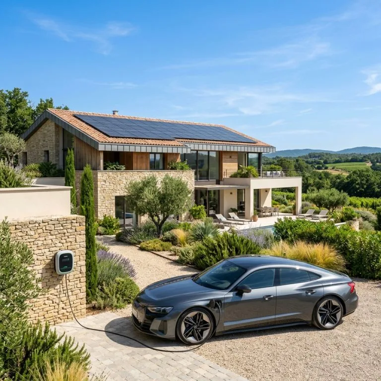 Maison moderne en Provence (PACA) avec panneaux solaires sur le toit et voiture électrique connectée à une borne de recharge sous le soleil.