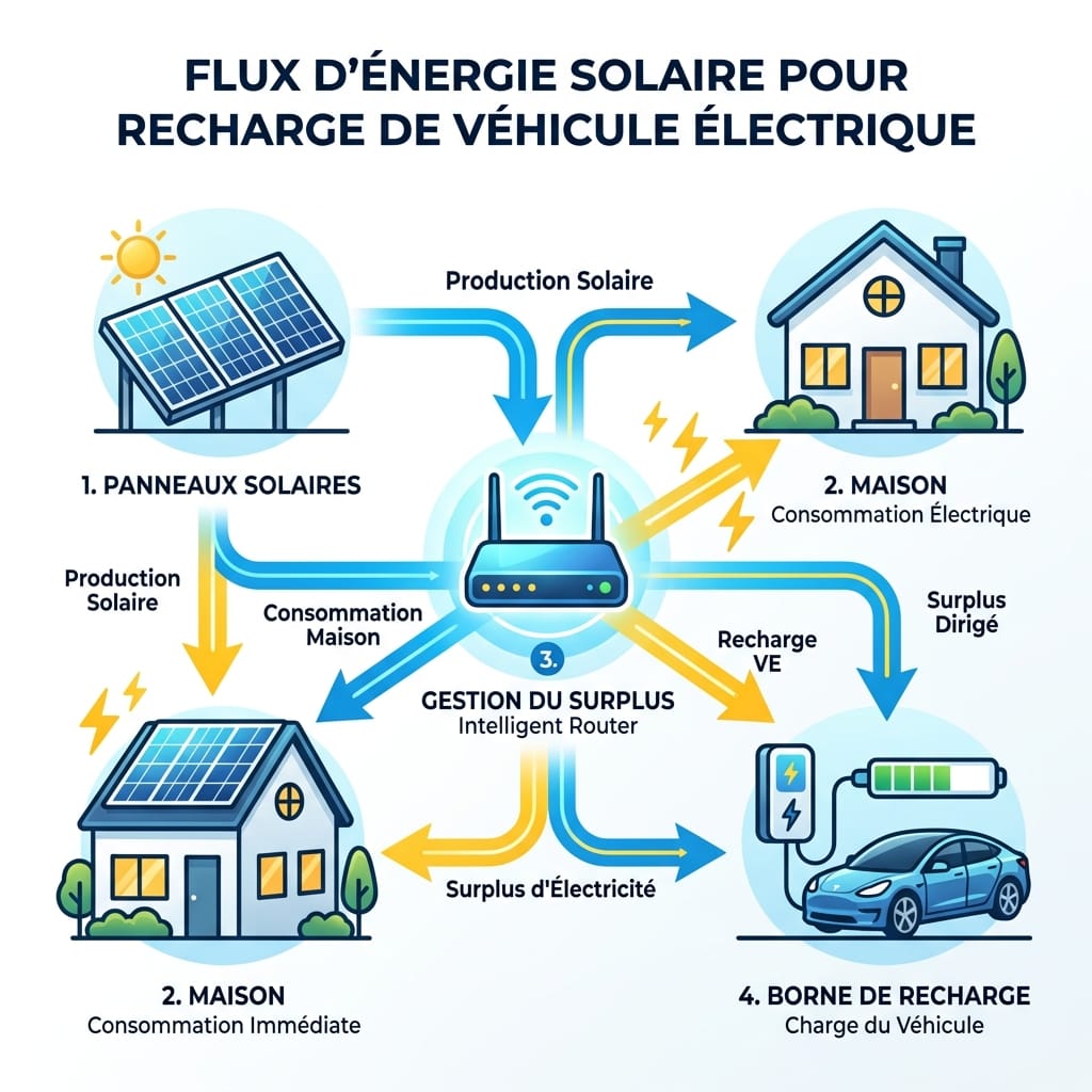 Schéma explicatif des flux d'énergie pour recharger une voiture électrique avec des panneaux solaires photovoltaïques