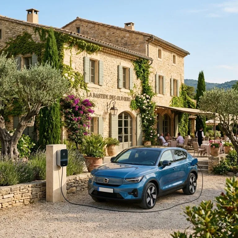 Voiture électrique en charge devant un hôtel de charme provençal en pierre dans la région PACA.