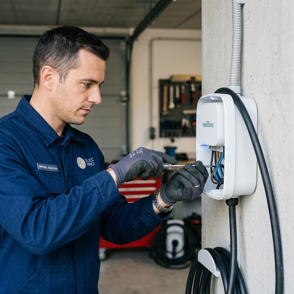 Electricien qualifie IRVE installant une borne de recharge