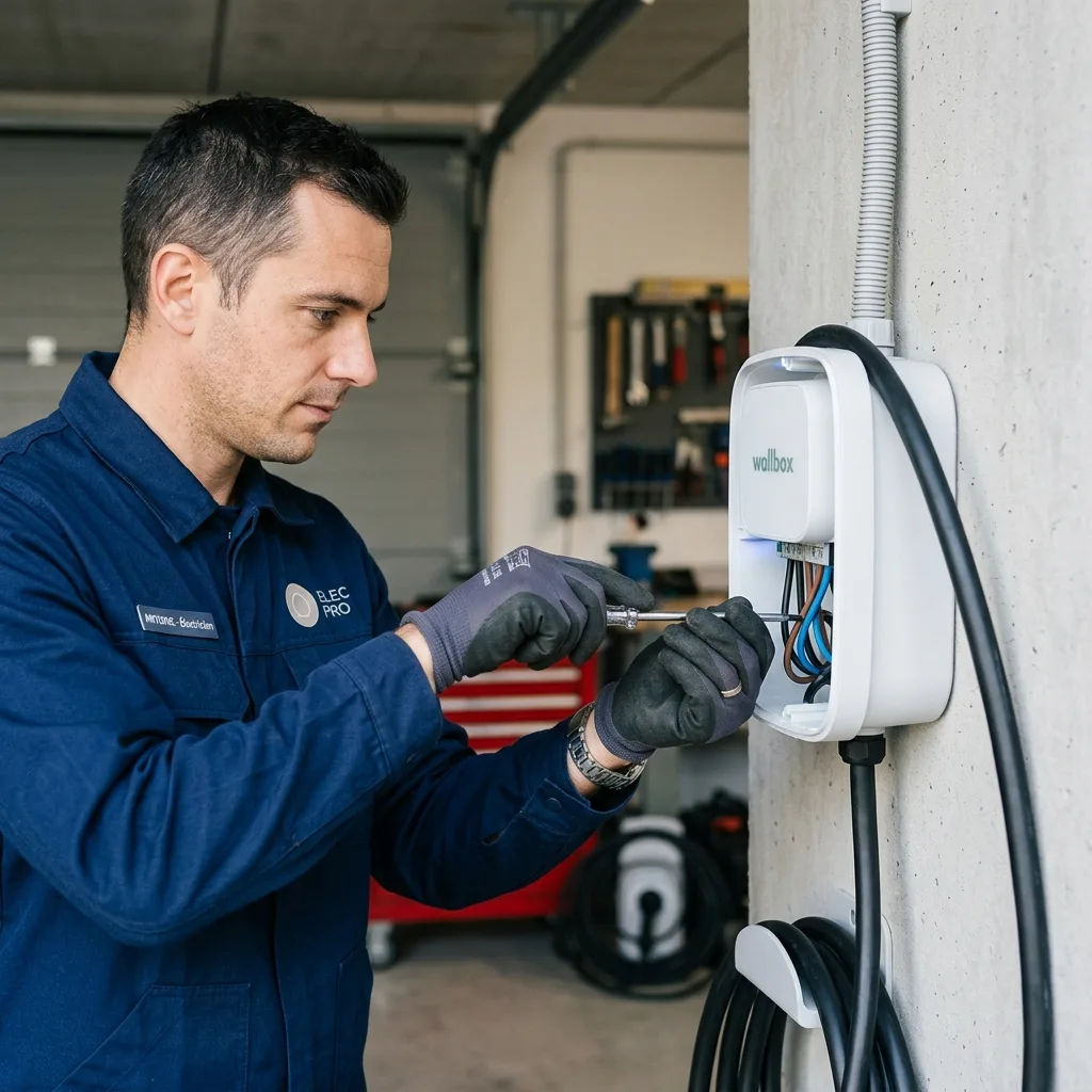 Electricien qualifie IRVE installant une borne de recharge
