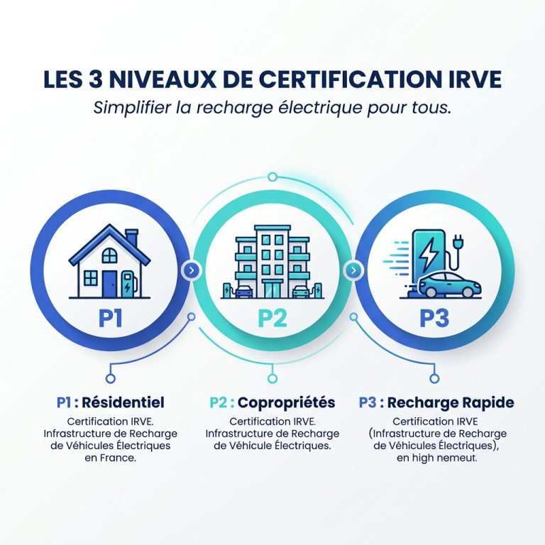 Infographie explicative des trois niveaux de certification IRVE P1 P2 P3 en francais