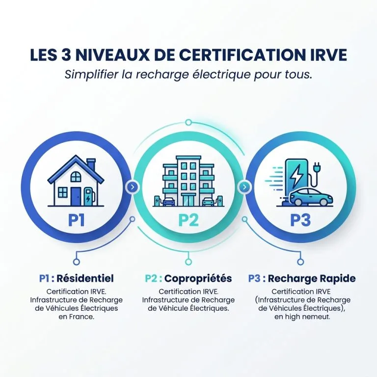 Infographie explicative des trois niveaux de certification IRVE P1 P2 P3 en francais