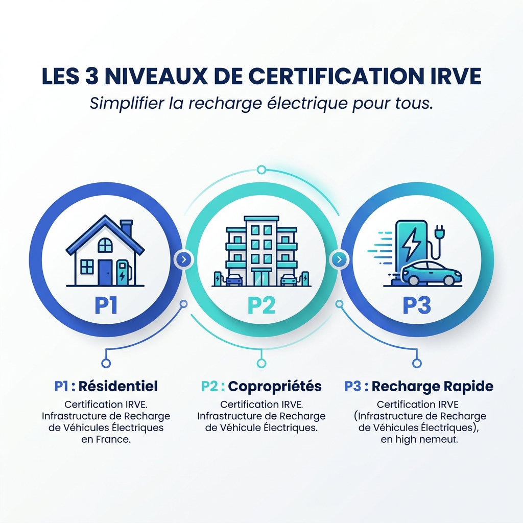 Infographie explicative des trois niveaux de certification IRVE P1 P2 P3 en francais