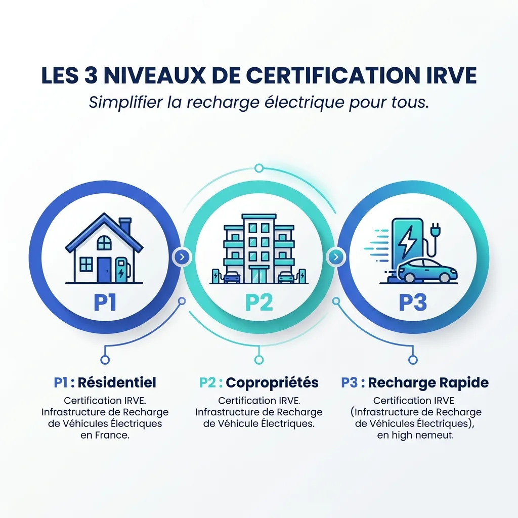 Infographie explicative des trois niveaux de certification IRVE P1 P2 P3 en francais