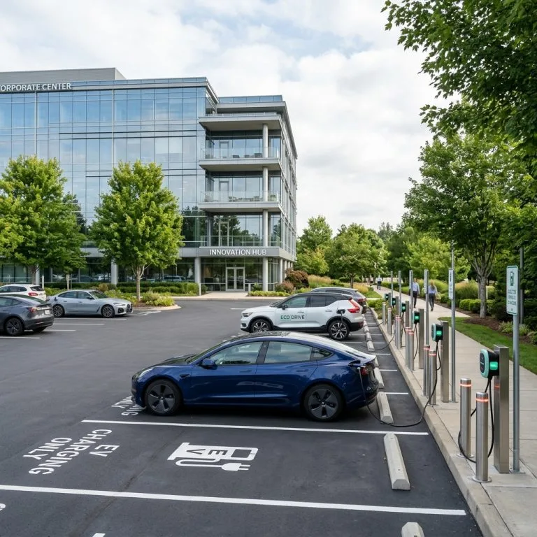 Parking d'entreprise équipé de bornes de recharge pour véhicules électriques conforme Loi LOM