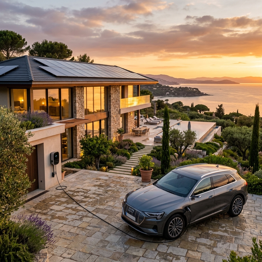 Maison contemporaine avec panneaux solaires et borne V2H