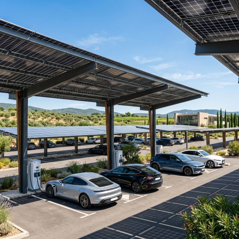 Grand parking extérieur ombragé par des structures d'ombrières photovoltaïques solaires et équipé de bornes de recharge pour voitures électriques.