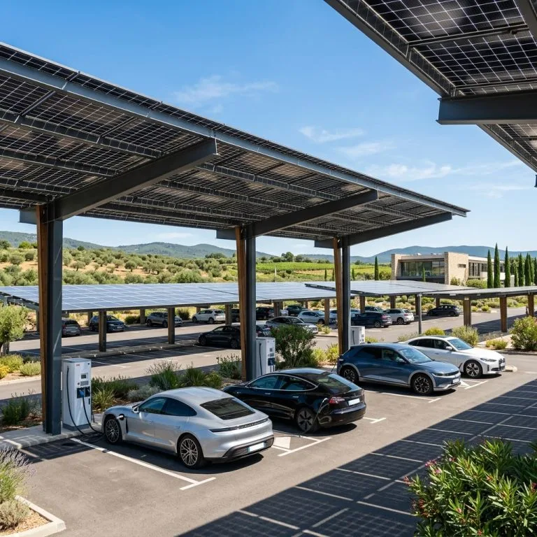 Grand parking extérieur ombragé par des structures d'ombrières photovoltaïques solaires et équipé de bornes de recharge pour voitures électriques.