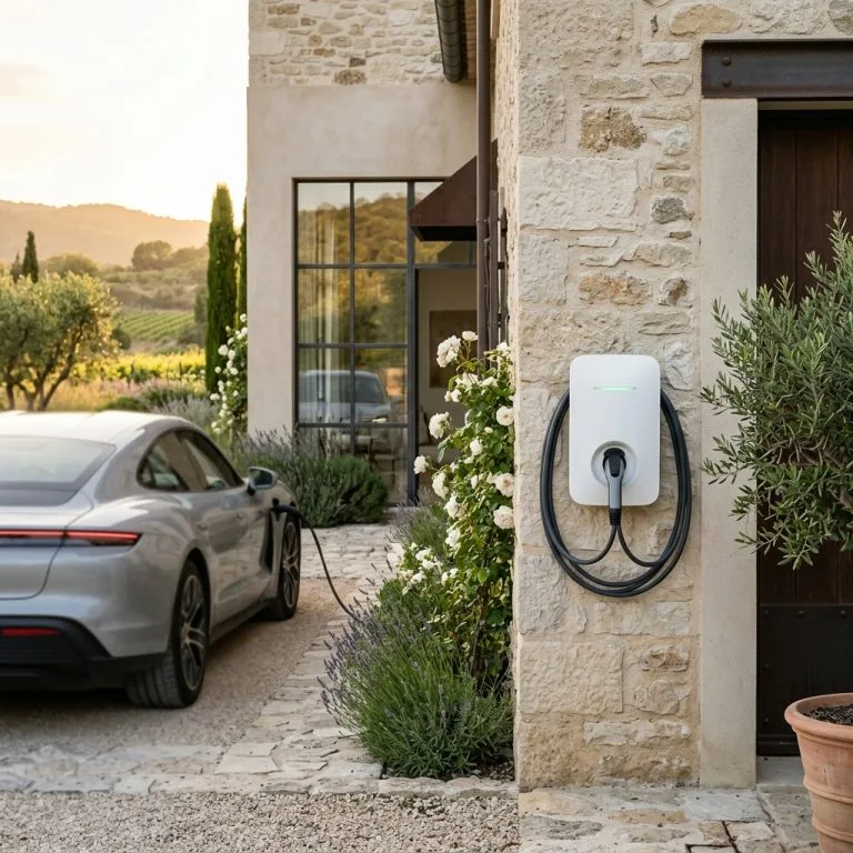 Borne de recharge blanche installee sur un mur en pierre en Provence avec voiture electrique en arriere plan