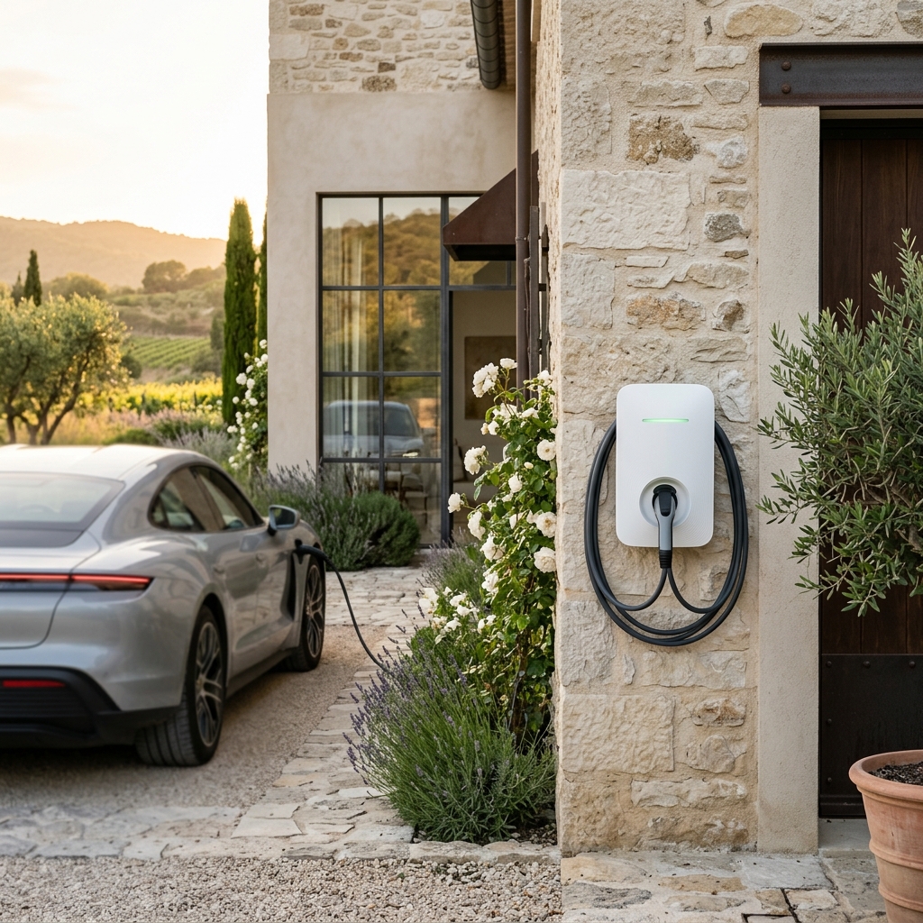 Borne de recharge blanche installee sur un mur en pierre en Provence avec voiture electrique en arriere plan