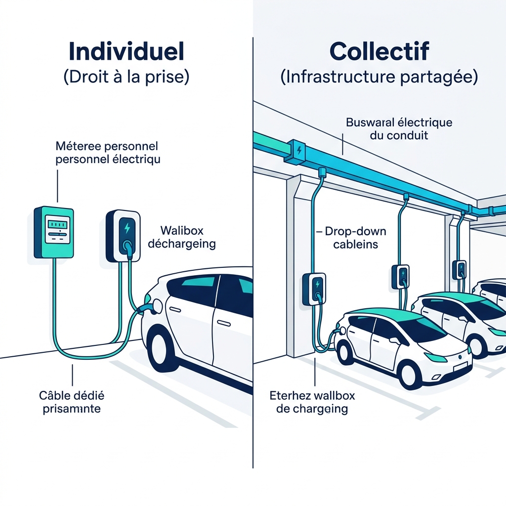 Schéma comparatif borne individuelle versus infrastructure collective IRVE en copropriété