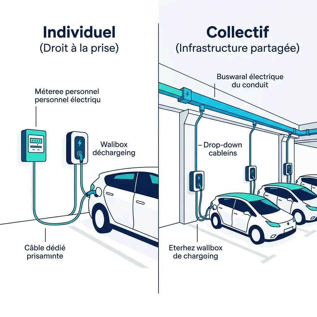 Schéma comparatif borne individuelle versus infrastructure collective IRVE en copropriété