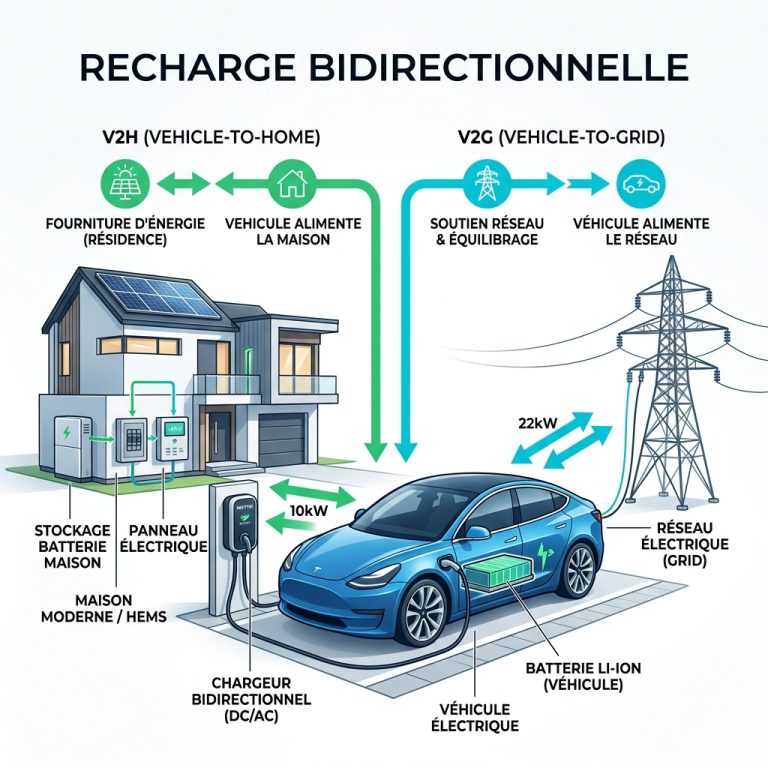 Schema technique detaille en francais de la recharge bidirectionnelle V2H et V2G