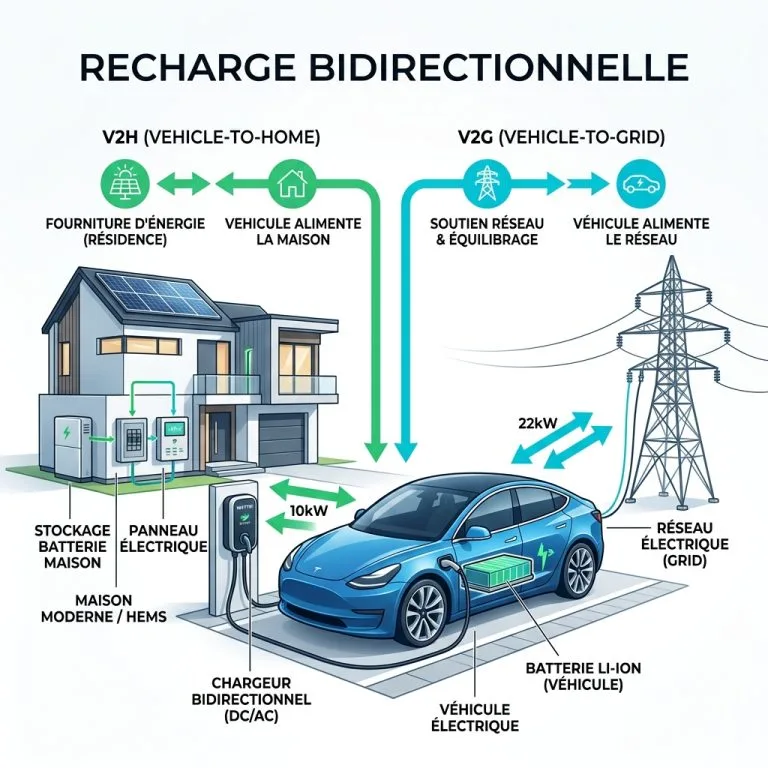 Schema technique detaille en francais de la recharge bidirectionnelle V2H et V2G