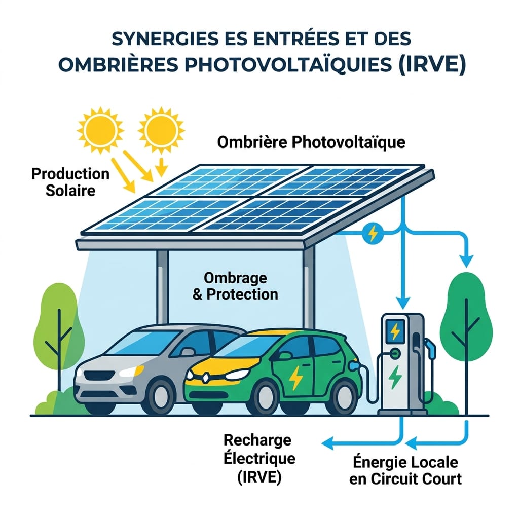 Schéma des synergies entre ombrières photovoltaïques et bornes de recharge IRVE