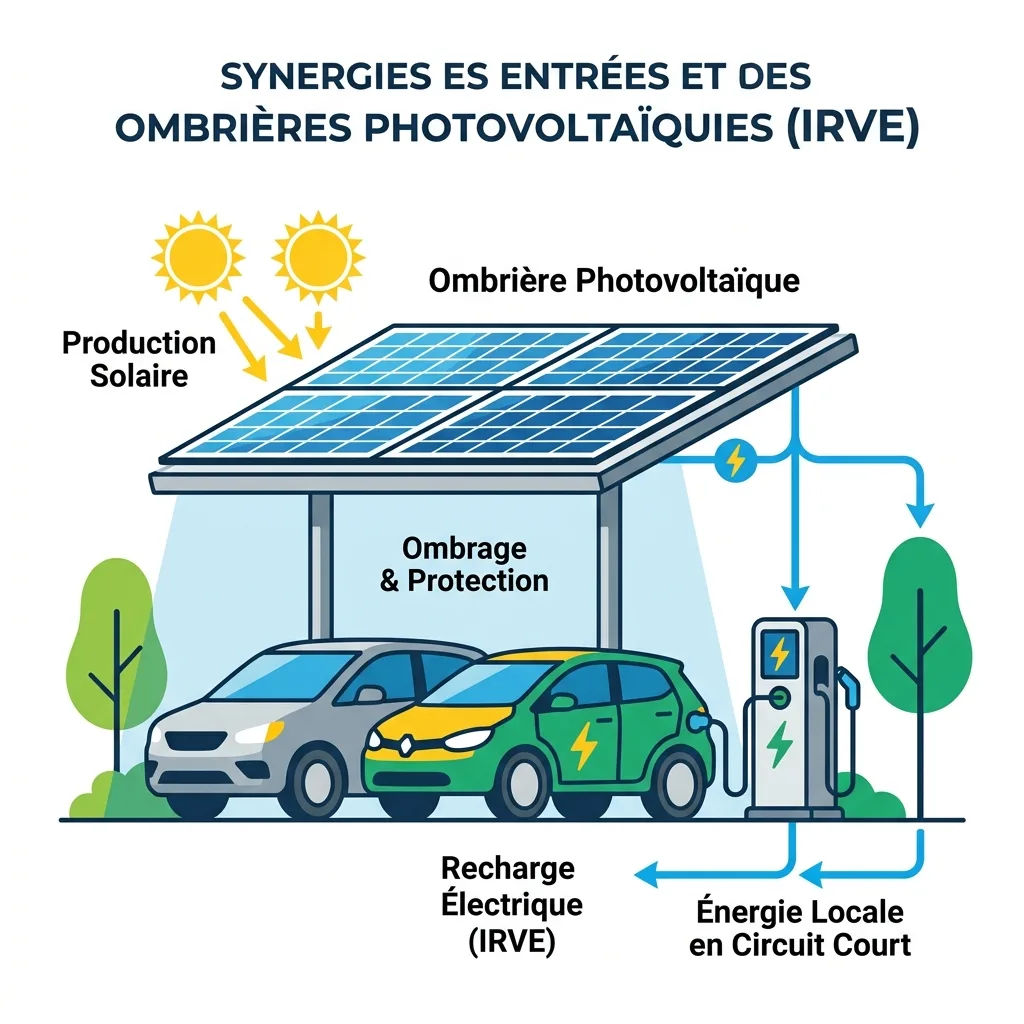 Schéma des synergies entre ombrières photovoltaïques et bornes de recharge IRVE