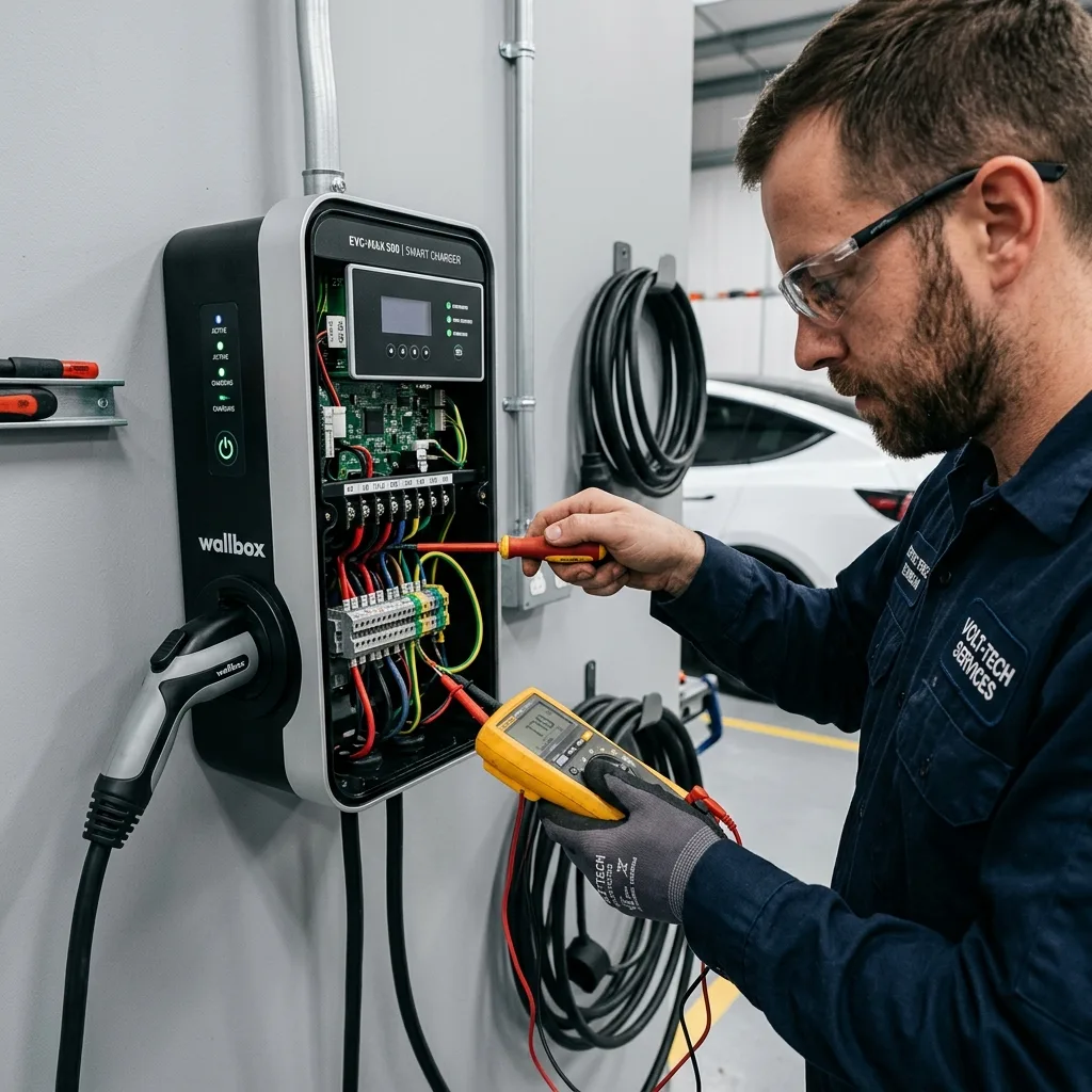 Technicien électricien certifié IRVE effectuant l'installation d'une borne de recharge électrique
