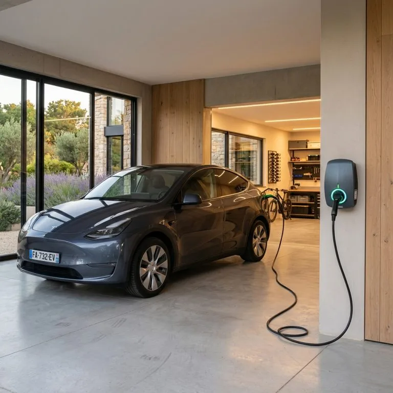 Sleek Tesla Model Y garée dans un garage moderne en France, branchée sur une borne de recharge murale.