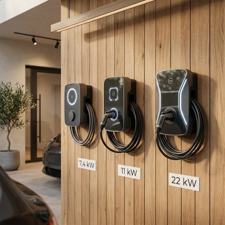 Comparatif visuel premium de trois bornes de recharge murales fixées sur une surface en bois élégante.
