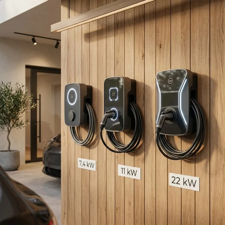 Comparatif visuel premium de trois bornes de recharge murales fixées sur une surface en bois élégante.