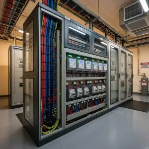 Tableau Général Basse Tension (TGBT) moderne et sécurisé pour alimenter un parc de bornes de recharge d'entreprise.
