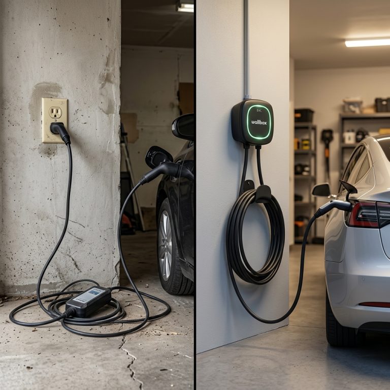 Split-screen montrant un câble de chargeur mobile branché sur prise domestique à gauche et une borne de recharge Wallbox installée à droite.