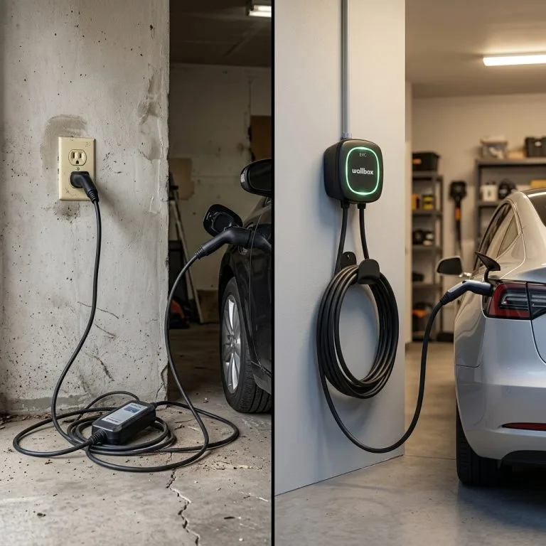 Split-screen montrant un câble de chargeur mobile branché sur prise domestique à gauche et une borne de recharge Wallbox installée à droite.