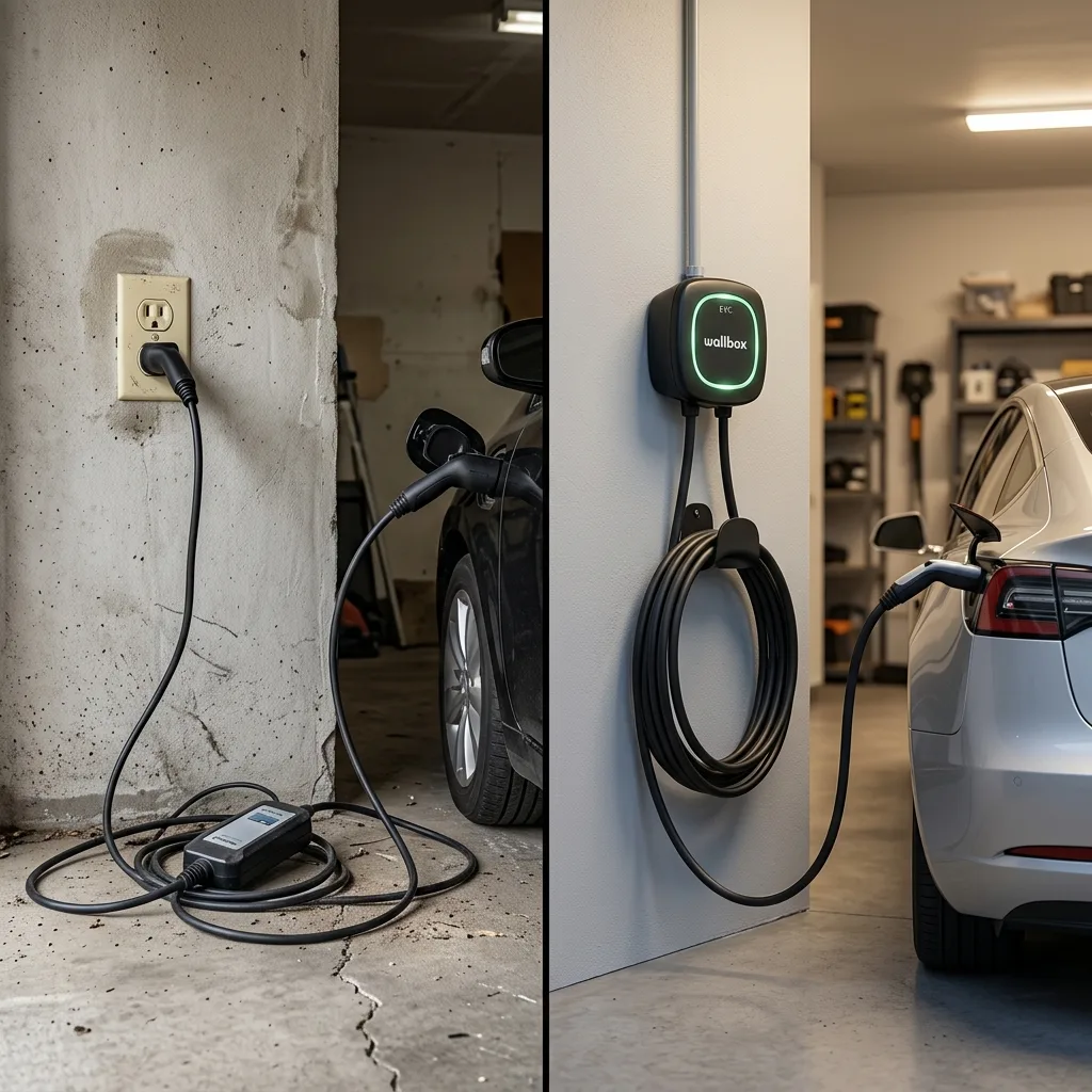 Split-screen montrant un câble de chargeur mobile branché sur prise domestique à gauche et une borne de recharge Wallbox installée à droite.