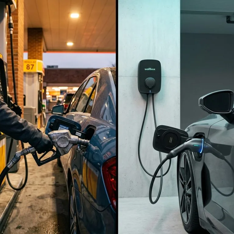 Split-screen montrant le pistolet d'essence à gauche et le pistolet de recharge électrique à droite branchés sur leurs véhicules respectifs.