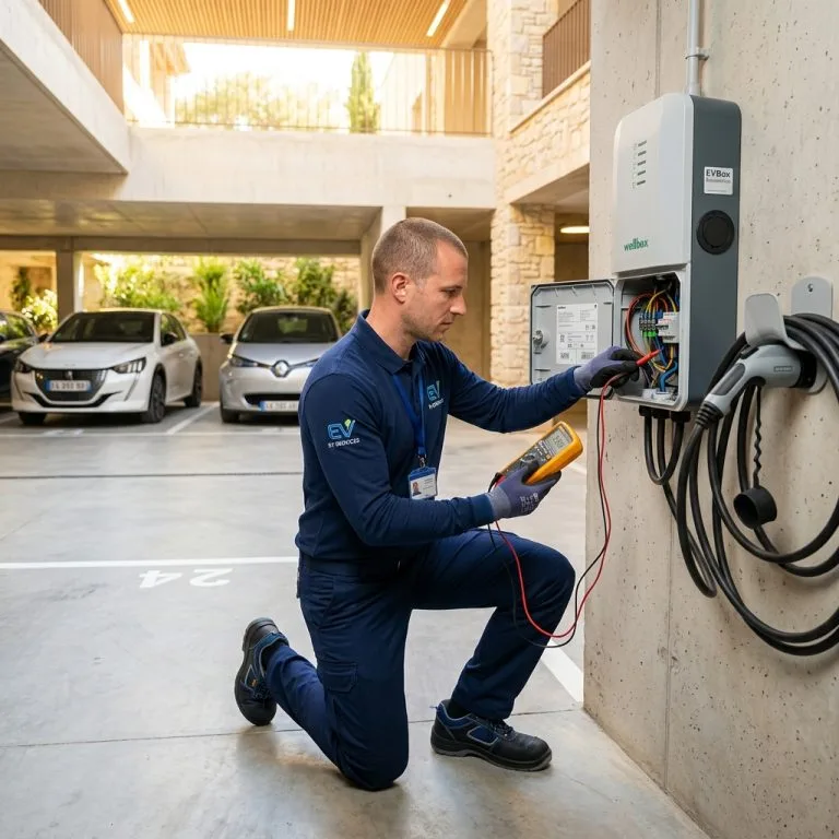 Technicien qualifié en uniforme effectuant des mesures de tension sur une borne de recharge de véhicule électrique ouverte.