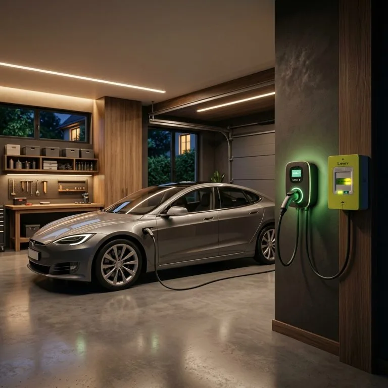 Voiture électrique en charge de nuit dans un garage moderne avec compteur intelligent Linky allumé.