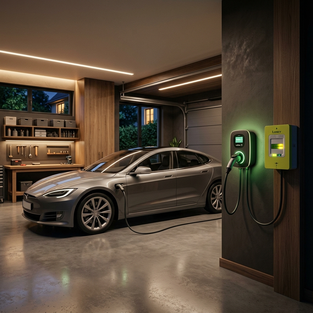 Voiture électrique en charge de nuit dans un garage moderne avec compteur intelligent Linky allumé.