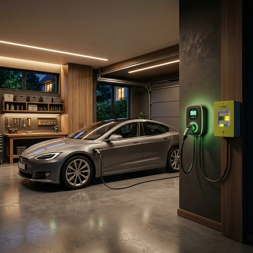 Voiture électrique en charge de nuit dans un garage moderne avec compteur intelligent Linky allumé.