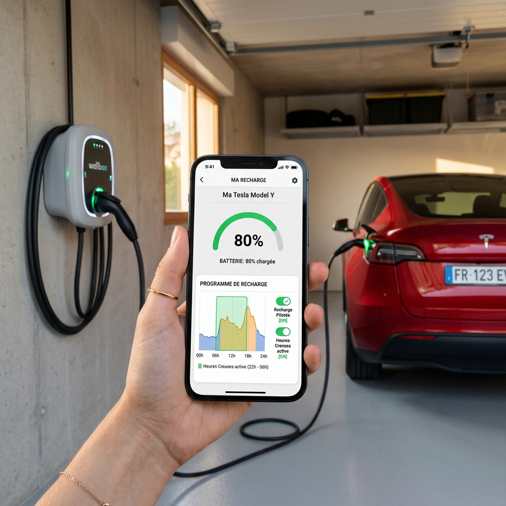 Main tenant un smartphone avec une application affichant les détails d'une recharge pilotée devant une borne domestique.