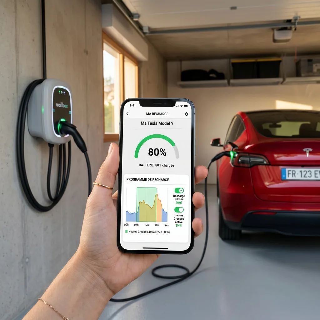 Main tenant un smartphone avec une application affichant les détails d'une recharge pilotée devant une borne domestique.