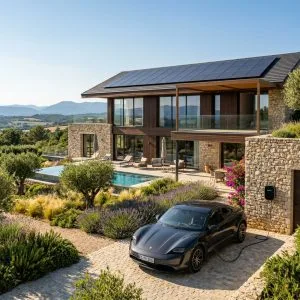 Une villa contemporaine en Provence équipée de panneaux solaires intégrés en toiture et d'une borne de recharge IRVE pour véhicule électrique.