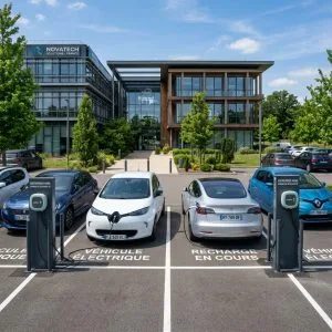 Parking d'entreprise moderne en France équipé de plusieurs bornes de recharge pour sa flotte de véhicules électriques professionnels.