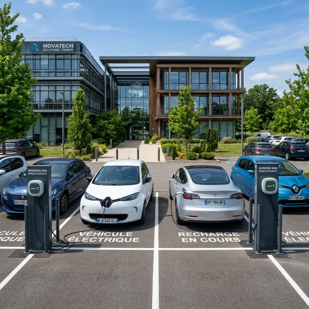 Parking d'entreprise moderne en France équipé de plusieurs bornes de recharge pour sa flotte de véhicules électriques professionnels.